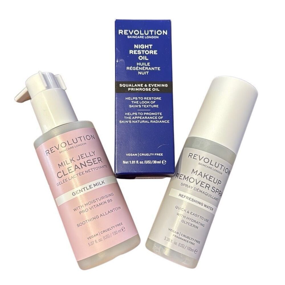 Revolution Skincare Night Restore Oil + Milk Jelly Cleanser + Makeup Remover Spr